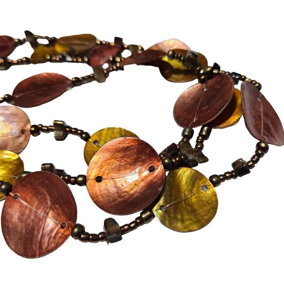 Handmade Boho Natural Shell Discs Bronze Beaded Necklace Multi Strand Jewelry - Picture 7 of 9